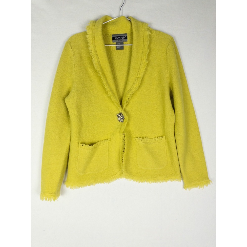 Cardigan Womens PS 100% Wool Green Knit‎ V Neck Fairy Fringe Nouveaux